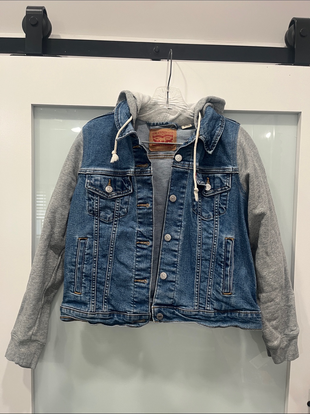 Levi's Blue Denim Jacket With Gray Hooded Sleeves, Girls Size Large